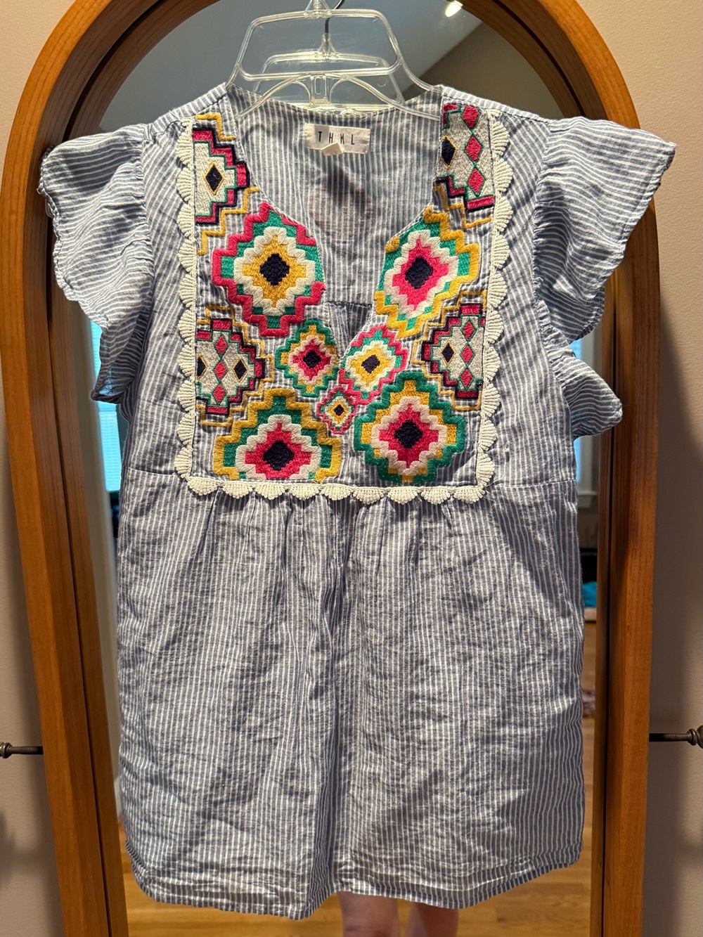 THML Blue & Multicolor Embroidered Peasant Top
